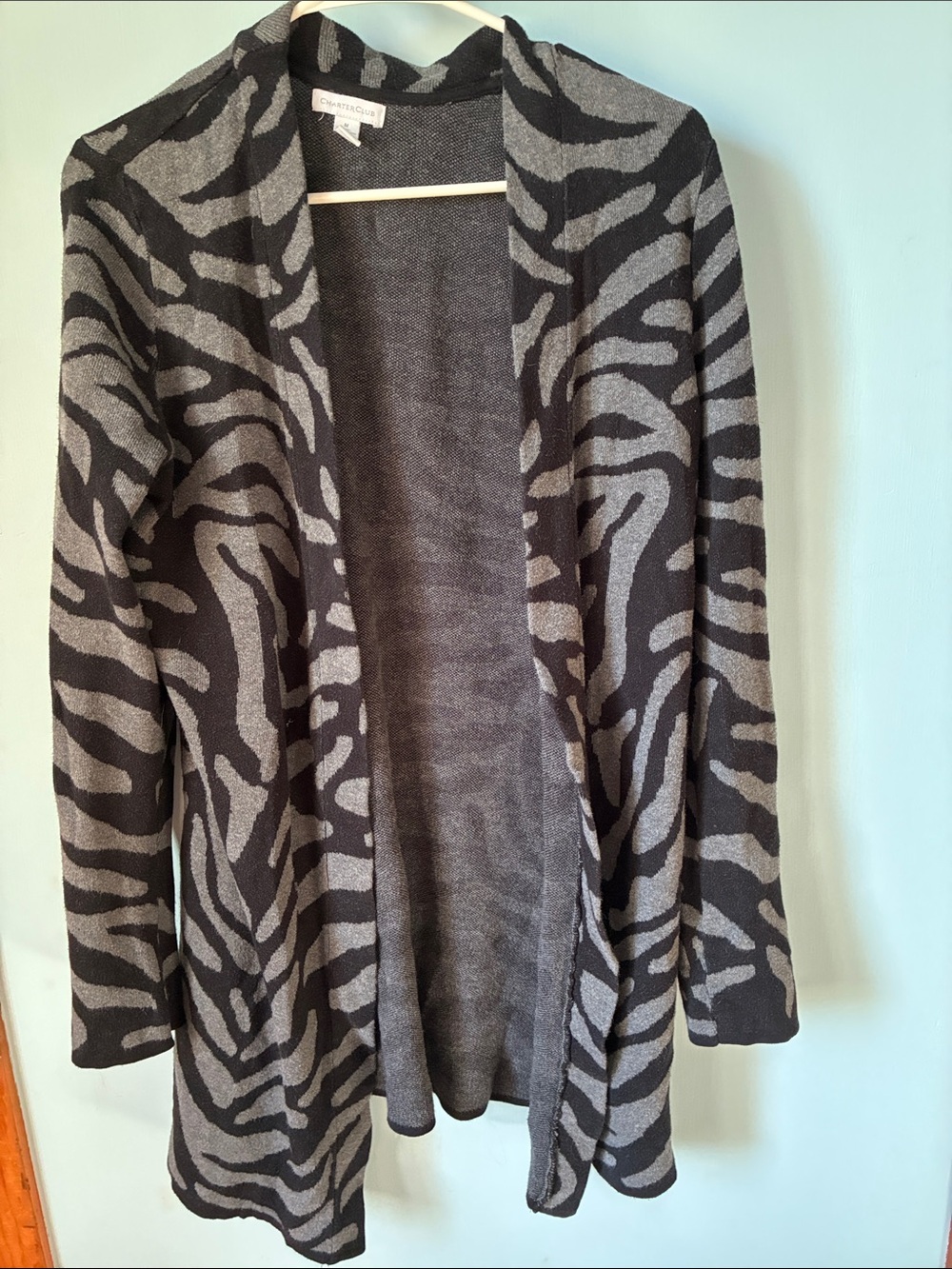 Charter Club Black and Gray Zebra-Print Open Cardigan